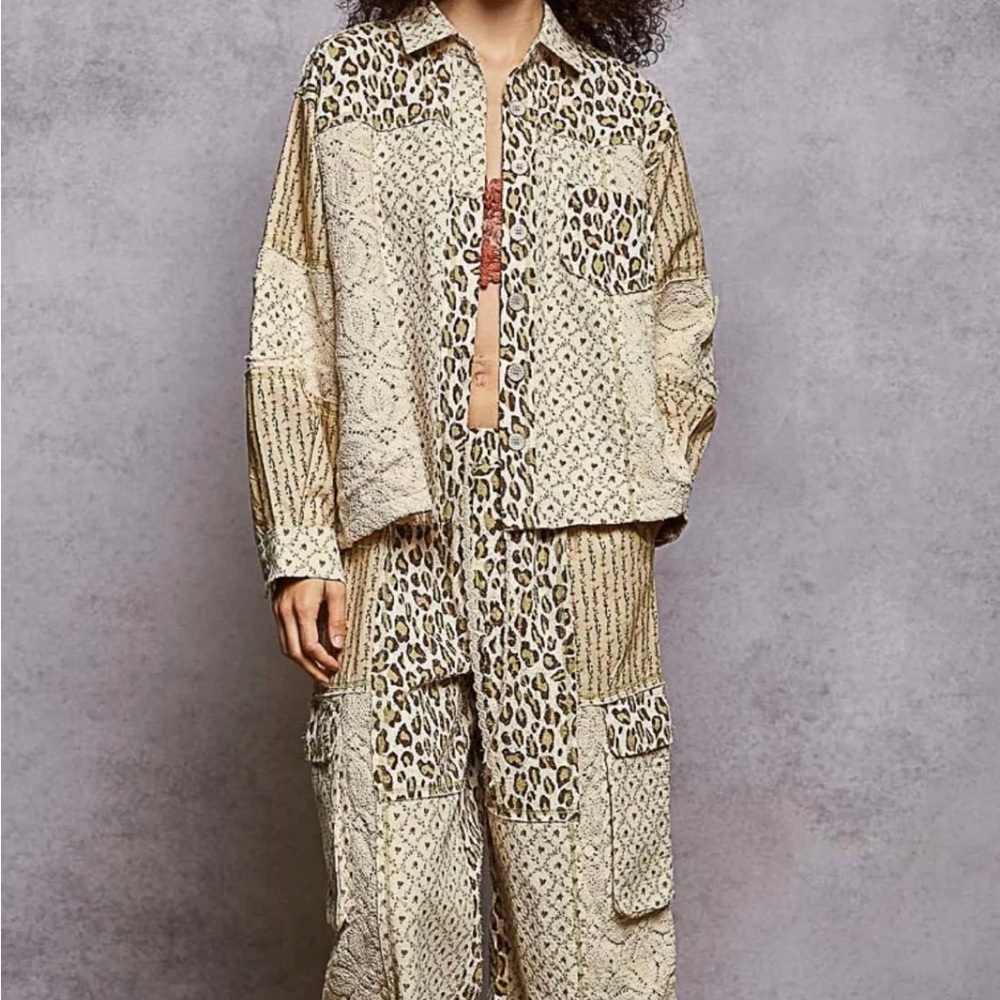 NWOT POL Leopard, Crochet & Floral Print Patchwork Shirt and Pants Set